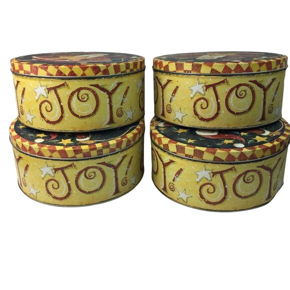 Lot 2 Christmas Cookie Tin 7.75" Yellow Joy Vintage Motif Round Large u - Picture 6 of 6